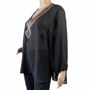 Ellen Tracy Black Sheer Sequined V-Neck Tunic Top XL High Low